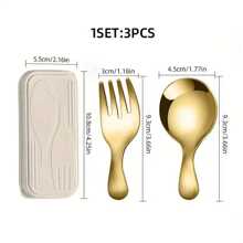 3pcs Stainless Steel Cutlery Set, Portable Round Headed Spoon, Fork, Box For Party Travel, Multifunctional Ice Cream Cake Fruit Fork And Spoon, Suitable For Gatherings, Schools, Travel, Camping, And Picnics
