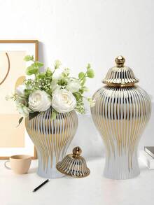 1件陶瓷姜罐金色条纹装饰通用罐花瓶瓷质储物罐带盖工艺品家居装饰花瓶