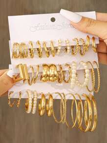 12pcs Retro Punk Geometric Square & C Shape Hoop Earrings Set, Bohemian Style Faux Pearl Big Round Earrings, Casual Daily Jewelry Set - Ideal Holiday Gift For Women