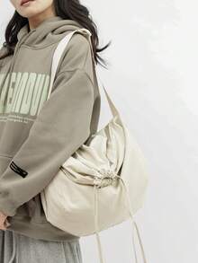 新款简约抽绳包，男士纯色单肩包，大学生复古手提包，斜挎包，适合旅行、通勤、购物、校园