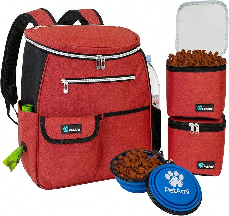 Dog Travel Bag Backpack, Airline Approved Dog Bags For Traveling, Puppy Diaper Bag Supplies, Pet Camping Essentials Hiking Accessories Dog Mom Gift, Food Container, Collapsible Bowls, Red - 紅白色 - 查看 1