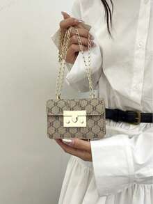 复古金色金属翻盖锁扣新款口红包时尚小手提包复古花卉链条斜挎单肩包 (适合女士，装饰包，复古百搭) - 卡其色 - 查看 4