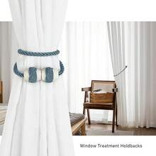 Curtain Tiebacks Magnetic Rope Tie Backs Handmade Curtains Holders Drapes Outdoor Decorative Window Holdbacks, Beige 2Pack - Blue - View 6