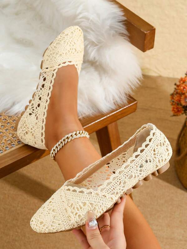 1 Pair Women Ballet Flats, Round Toe, Slip-On, Low Vamp, Breathable Woven Lace, Ballet Flat Sandals