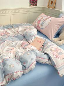 4 件兔子图案印花羽绒被套套装，柔软易清洁的涤纶面料，可爱卡通图案床上用品套装，适合 7 岁以上儿童和青少年（1 件羽绒被套 + 1 件床笠 + 2 个枕套，无内芯）