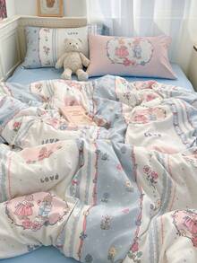 4 件兔子图案印花羽绒被套套装，柔软易清洁的涤纶面料，可爱卡通图案床上用品套装，适合 7 岁以上儿童和青少年（1 件羽绒被套 + 1 件床笠 + 2 个枕套，无内芯）