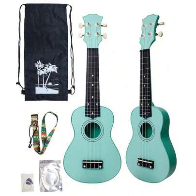 21英寸亮面原声尤克里里，适合初学者和成人，套装包含全套配件（包括1条背带、1套备用琴弦、1条彩色颈带）。桉树系列，彩虹色，亮面设计。
