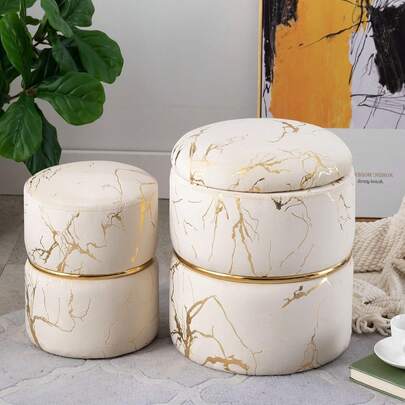 Fumahome 2-PCs Modern Velvet Upholstered Ottoman Vanity Stool With Gold Plating Ring Foot Stool With Storage Function For Side Table