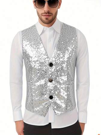 Men's Shiny Sequin Vest, Suitable For Stage Performance, Photography, Hosting, Singing, Emceeing, Fashion Show, Party In Spring And Autumn