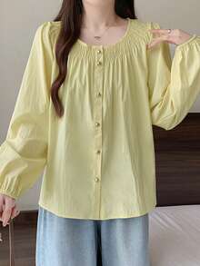 秋季新款温柔皱褶衬衫百搭宽松法式衬衫上衣 - 黃色 - 查看 3