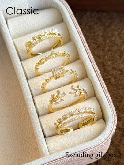 5 Stücke elegantes, luxuriöses Set aus Ringen mit Blumen-, Blatt- und geometrischen Motiven, mit Kupfer und synthetischem Zirkonia, geeignet für Urlaub, Party, Hochzeit und Alltag