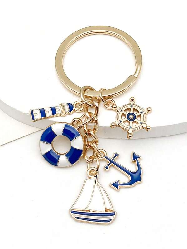 1 Stück kreatives DIY Nautik-Themen Schlüsselanhänger Set, blau+weiße Elemente, Anker, Schiffsruder, Rettungsring, Leuchtturm Kombination, modische minimalistische Schlüsselanhänger Accessoires geeignet für den täglichen Gebrauch, Schule, Auto Zubehör, süßer Goth Y2k