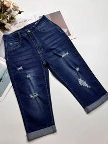 Women's Elegant Casual Ripped Cuffed Capri Jeans, Suitable For Commuting And Outings In Autumn - Dark Wash - View 3