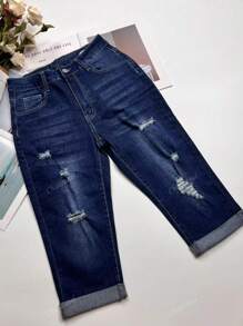 Women's Elegant Casual Ripped Cuffed 7/8 Length Jeans, Suitable For Commuting And Outings In Autumn