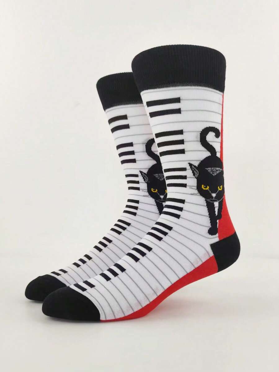1 Pair Women's Color Blocking Black Cat Piano Key Pattern Mid-Calf Socks, Unique Fashion Suitable For Daily Wear - Multicolor - View 1