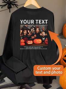 定制个性图案+文字男士长袖T恤，个性照片和文字定制，舒适休闲宽松圆领黑色男士长袖T恤，春秋季