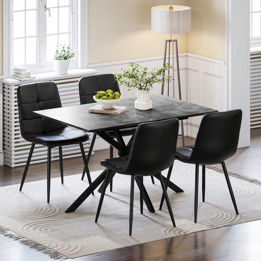 Extendable Dining Table And Chairs Set 4, 120-160cm Concrete Effect Table With 4 Black Upholstered PU Leather Chairs For Dining Room, Kitchen - Concrete Effect Dining Table + 4 Black Chairs - View 1