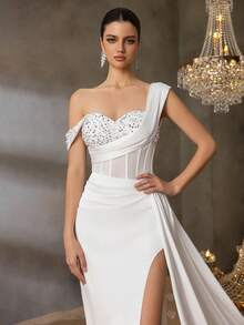 Faeriesty Elegant Sophisticated Satin Asymmetric Maxi Dress With Sequin-Embellished Shoulder & Fish-Tailed High-Waisted Slit | Dramatic Evening Look For Galas, Parties Or Luxury Events, Formal, Party Dress, Gown, For Wedding Guest - 白色 - 查看 7