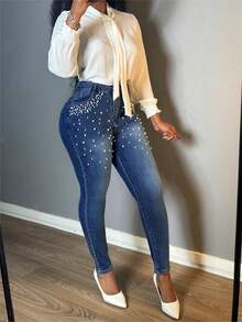 Women Sexy Slim-Fit Jeans Fashion Faux Pearl Trim Stretchy Ankle-Length Denim Pants Button Zipper Casual Style Blue Jeans With Pockets For Daily Wear - Rửa tối - Xem 3