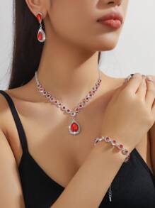 1 Pair Of Earrings + 1 Necklace + 1 Bracelet Elegant Jewelry Set Silver Plated Inlaid Rhinestone Multi Colors For U To Choose Match Daily Outfits