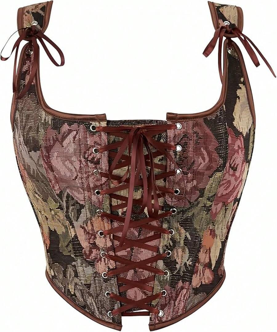 Womens Vintage 1920s Renaissance Lace Trim Corset Bustier, Retro Fashion - Bunga Coklat - View 1