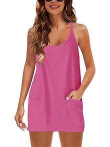 Women's Summer Sleeveless Mini Dress With Built-In Shorts - Rosered - View 9