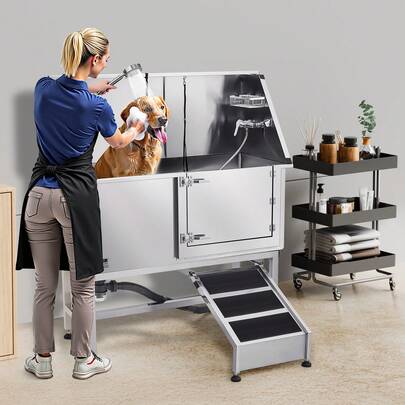 Stainless Steel Dog Washing Station, 50 Inch Pet Grooming Tub W/ Ramp, PE Water Filter Board, Faucet & Showerhead & Soap Holder Dog Bathtub For Large & Medium & Small Pets (Right Door)