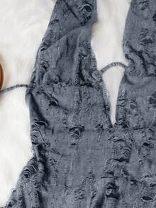 Deep V-Neck Backless Ripped Apocalyptic Style Asymmetrical Sexy Mini Dress - Dusty Blue - View 6