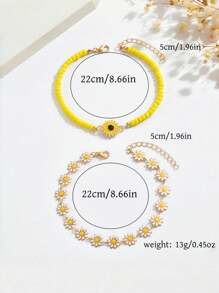2pcs/Set Summer Beach Handmade Beaded Daisy Flower Anklet, Bohemian Style Colorful Flower Layered Anklet Set For Women, Suitable For Daily Vacation Wear