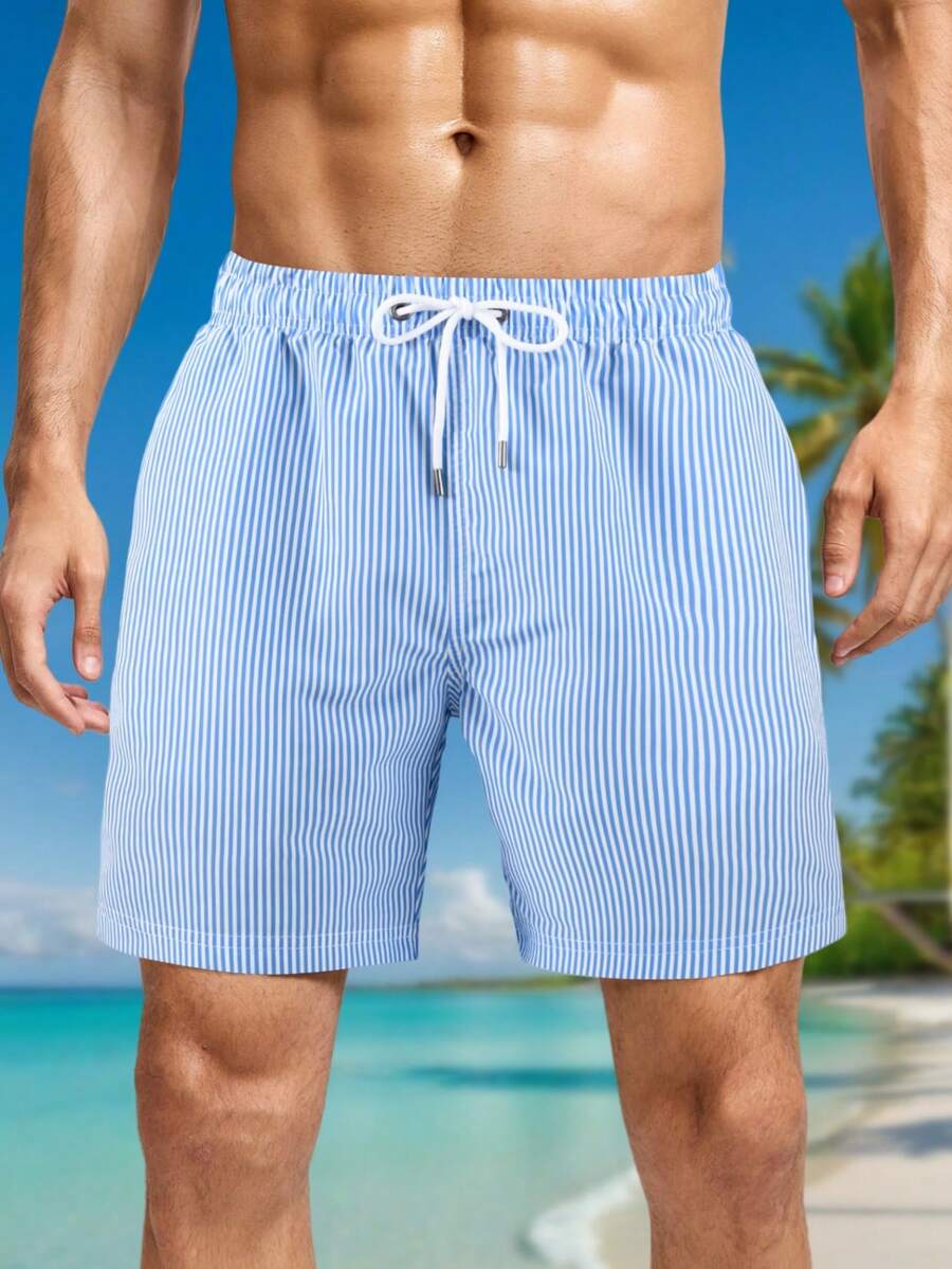 男式竖条纹抽绳腰泳裤 - 淺藍色 - 查看 1