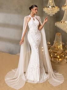 Faeriesty Faeriesty Luxury Pearl-Embroidered Mermaid Gown With Ethereal Sheer Cape Sleeves – Elegant Small Round Neckline, Floor-Length Fish Tail Hem & Formal Evening Dress For Gala Events, Wedding Receptions, Red-Carpet Premieres, Black-Tie Galas, And High-Society Celebrations