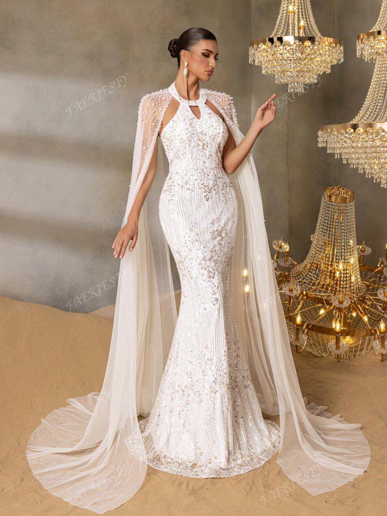 Faeriesty فستان سهرة أنيق بتطريز اللؤلؤ على شكل حو...