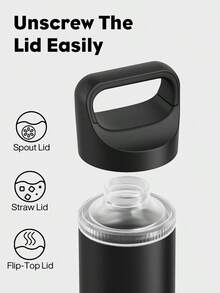 24 oz Isolierte Wasserflasche zum Radfahren: 3 Deckel, auslaufsicher, hält 24 Stunden kalt, Auto-Getränkehalter-freundlich, Edelstahl-Wasserflasche mit Strohhalm und Ausgusskappen für Sport, Fitnessstudio, Schule, Reisen - Schwarz - Übersicht 3