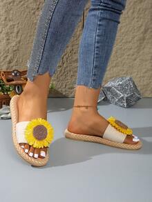 Damskie letnie nowe, swobodne, płaskie, żółte, słonecznikowe klapki plażowe, paski na zewnątrz, klapki na wakacje - Beżowy - Zobacz 3