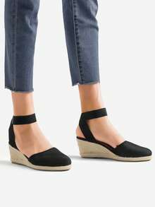 Women's Elastic Ankle Strap Espadrilles Wedge Sandals - Black - View 11
