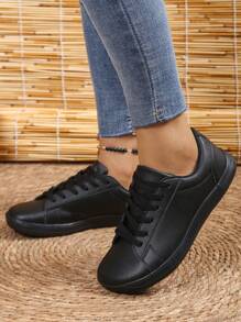 Plus Size Women's Minimalist Leather Front Lace-Up Barefoot Outdoor Sports Shoes, Casual Non-Slip Sneakers - Black - View 3