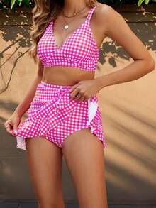 Women 2 Pieces Bikini Swimsuits Plaid Sleeveless Padded Bra High Waist Drawstring Sarongs Skirts Beach Bathing Suit Set - Hồng - Xem 3