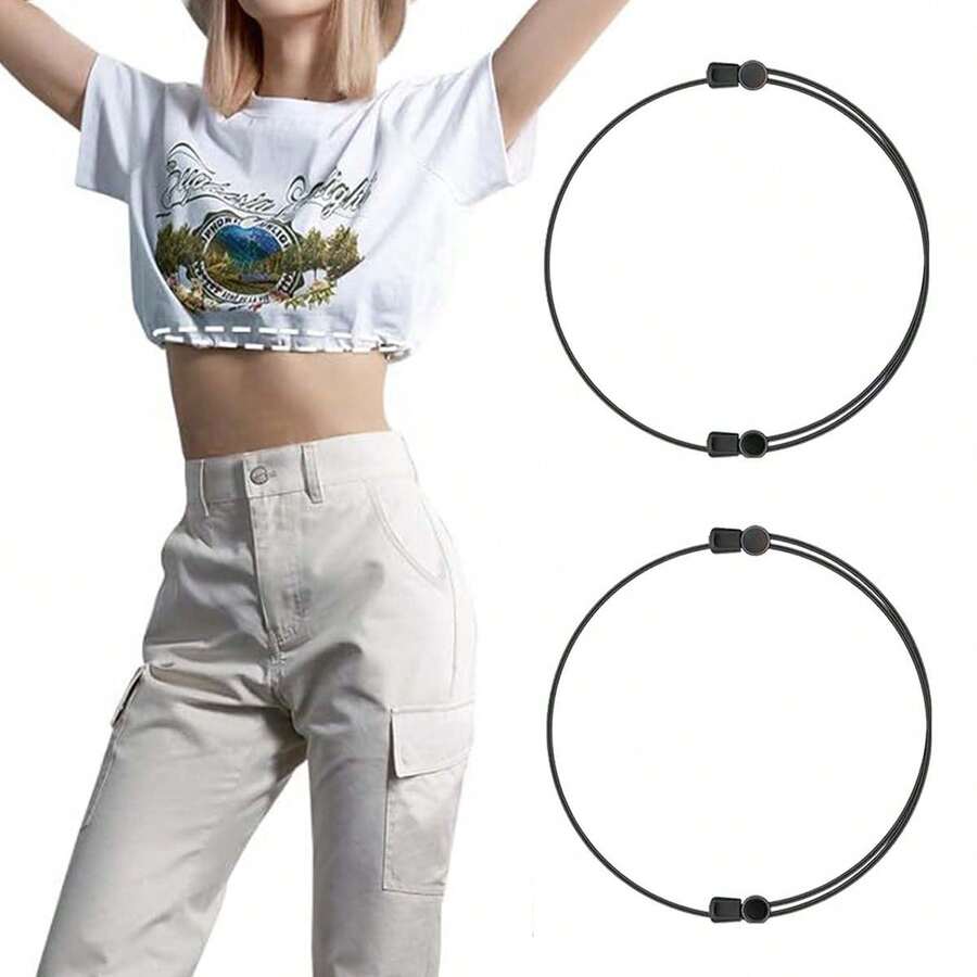 2条黑色可调节松紧带，无缝舒适的固定带，用于缩短任何款式的上衣，可用于毛衣、衬衫、吊带背心、衬衫和T恤，可以改变你穿上衣的方式，女性必备，适合休闲出游、日常穿着、夜间外出、时尚穿着、瑜伽、户外运动和健身必备，个性化DIY缩短神器