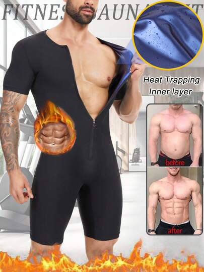 Fitness Mens Sauna Sweat Bodysuit Short Sleeve Fat Burner Thermo Heat Trapping Sauna Suit Shirts Tee Waist Trainer Trimmer Belly Slimming Tummy Control Body Shaper Shapewear Girdle Corset Sports Gym Work Out
