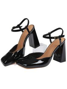Mule Heel Sandals For Women Ankle Strap Square Toe Heels Elegant Summer Slingback Chunky Heels - 黑色 - 查看 8