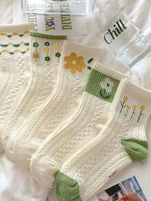 5 双奶油色花朵图案中筒袜，可爱甜美女孩袜子，适合春夏季 - 36-39 - 查看 4