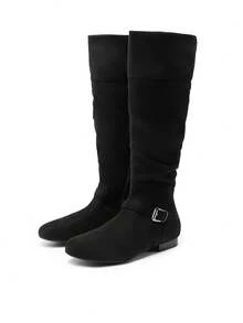 Women's Platform Knee High Boots Fashion Flat Pull On Fall Weather Slouchy Wild Knee High Boots - màu đen - Xem 1