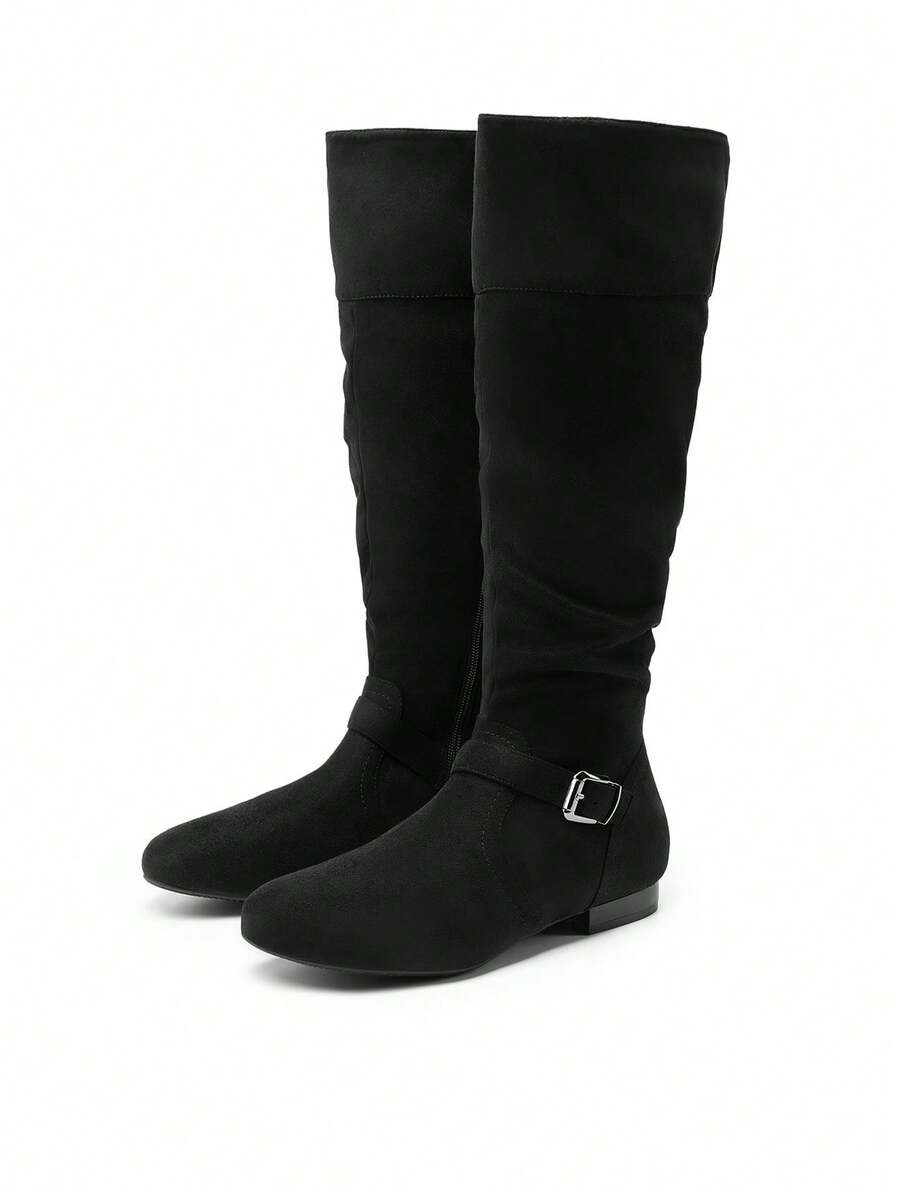 Women's Platform Knee High Boots Fashion Flat Pull On Fall Weather Slouchy Wild Knee High Boots - màu đen - Xem 1