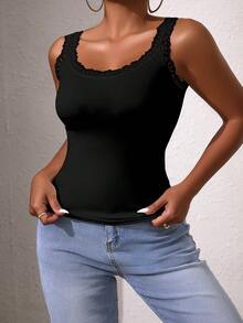 Women Summer Tank Tops Crewneck Sleeveless Shirts Lace Collar Tanks Slim Fitted Casual Basic Tee Shirt Solid Color Simple Daily Slimming Camisole Top - Black - View 1