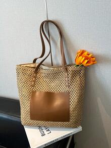 Bolso de paja tejido de moda clásica, bolso de hombro casual minimalista de gran capacidad - Caqui - Ver 4