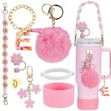 8 件适用于斯坦利杯装饰配件，8-9 毫米吸管盖，硅胶靴 30 40 盎司兼容斯坦利杯，女孩圣诞礼物，DIY 礼物创意装饰，感恩节装饰，朋友礼物装饰，圣诞派对装饰，适用于斯坦利配件，圣诞杯 - 粉紅色26字母 - 查看 26