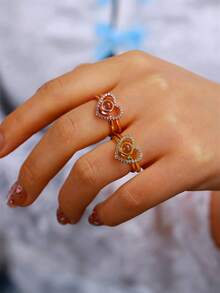 Custom Personalized Projection Ring With Photo, Unisex Customized Photo Engagement Rings, Wedding Jewelry, 2pcs Heart Adjustable Ring, Valentine's Day & Christmas Gift - Gold - View 9