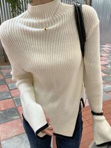 Medio cuello alto Irregular Chic Bottom Sweater Ropa interior de mujer Top de punto asimétrico con cuello medio alto para mujer Otoño/Invierno Elegante prenda interior Diseño chic Prenda de punto cálida y cómoda - Blanco - Ver 2