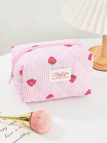 1 Piece/Set Children's Cute Pink Foam Quilted Cosmetics Bag Lovely Strawberry Pattern Makeup Bag Set Girly Toiletries Storage Bag With Zipper Pink Strip Print Make Up Bag Large Capacity Cosmetics Organizer Bag