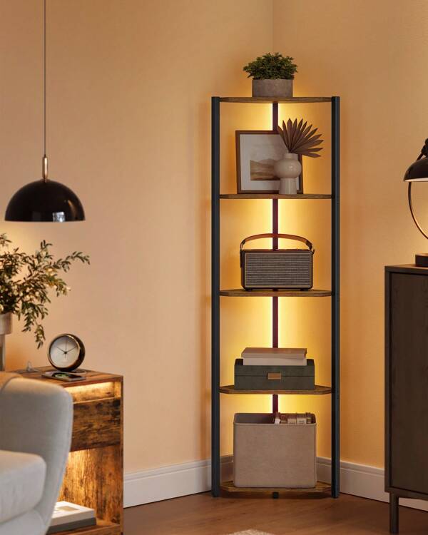 Étagère d'angle à 5 Niveaux, Bibliothèque avec Éclairage LED Réglable, Meuble de Rangement avec Cadre en Acier, 24,8 x 48 x 146,6 cm, pour Salon, Chambre, Bureau, Marron Rustique